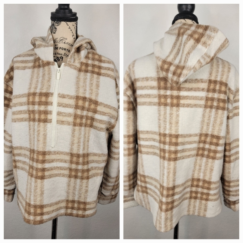 Joie Sweater Sz S Half Zip Flannel Popover Hooded Plaid